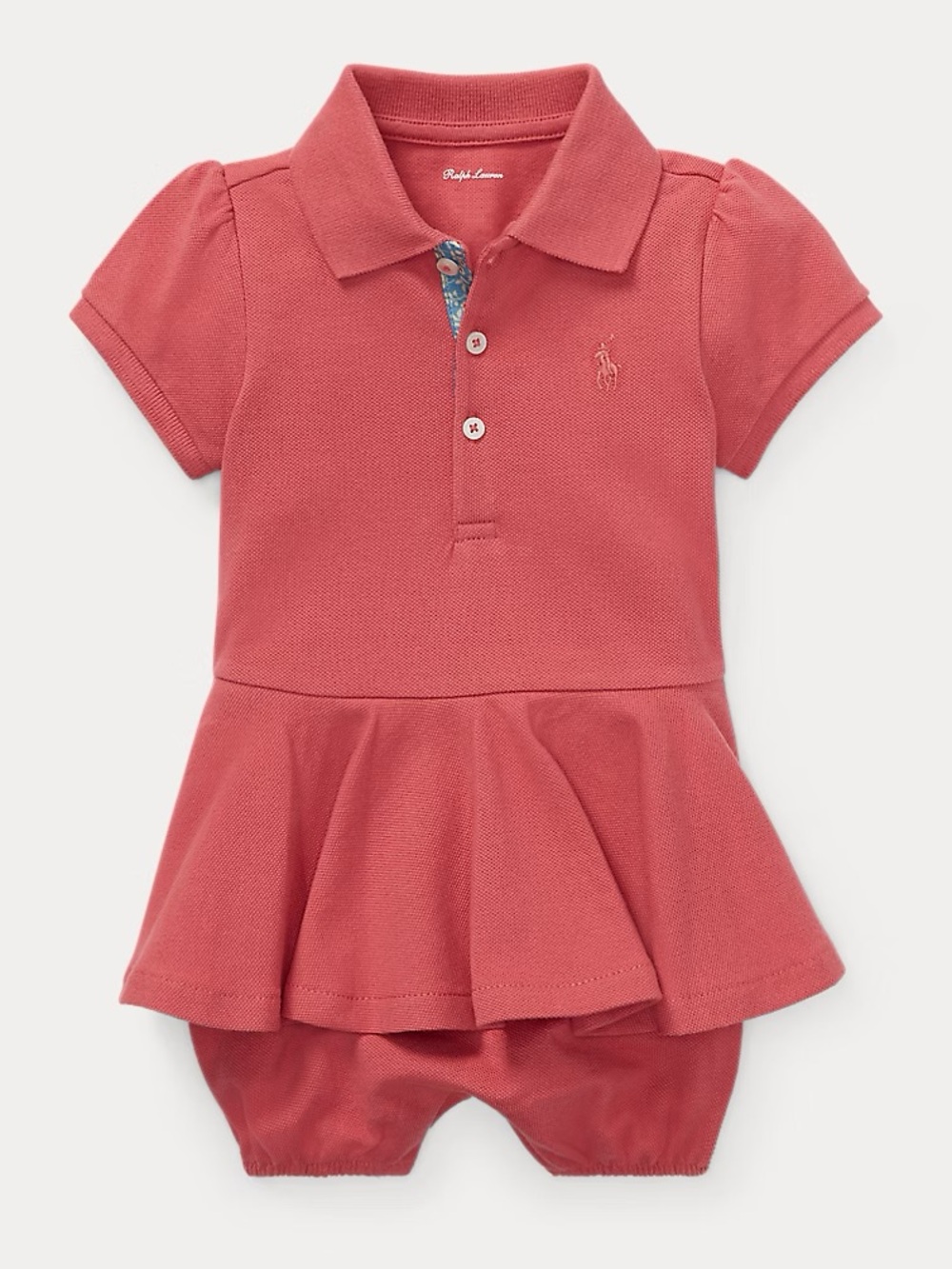 Ralph Lauren Baby Girl Coral Pink Polo Peplum One-Piece Bubble Romper 9M